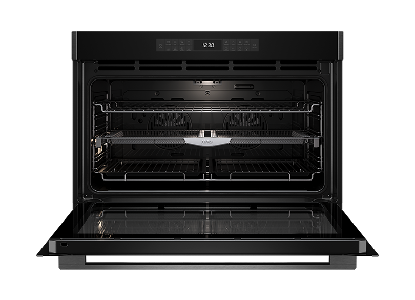 Four encastrable Euromaid EO916ASTB 90 cm, 16 fonctions avec friture à air chaud, verre noir/acier foncé - Modèle d'exposition à prix réduit