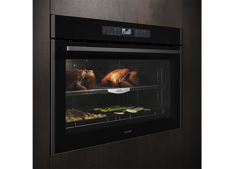 Four encastrable Euromaid EO916ASTB 90 cm, 16 fonctions avec friture à air chaud, verre noir/acier foncé - Modèle d'exposition à prix réduit