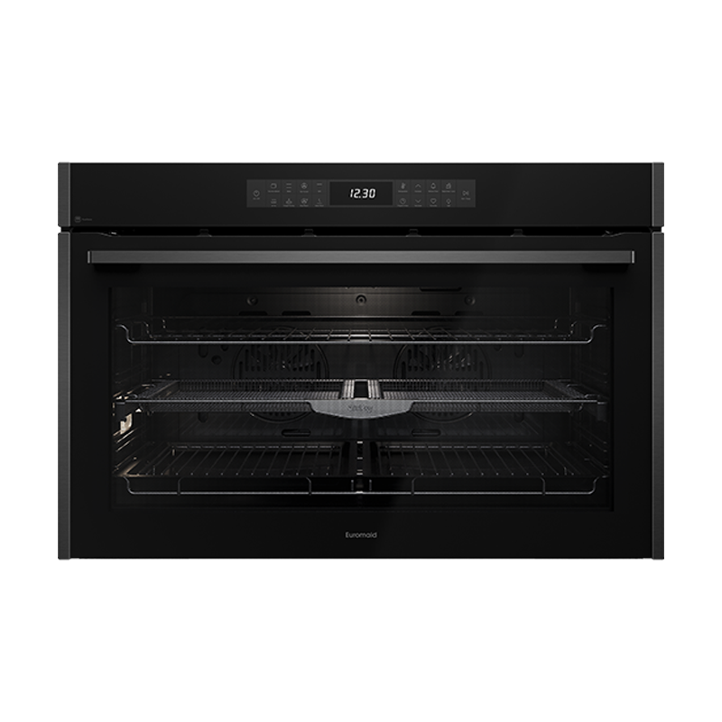Four encastrable Euromaid EPO917ASTB 90 cm, 17 fonctions, nettoyage pyrolytique et friture à air chaud, vitrocéramique noire/inox foncé - Modèle d'exposition (remise exceptionnelle)
