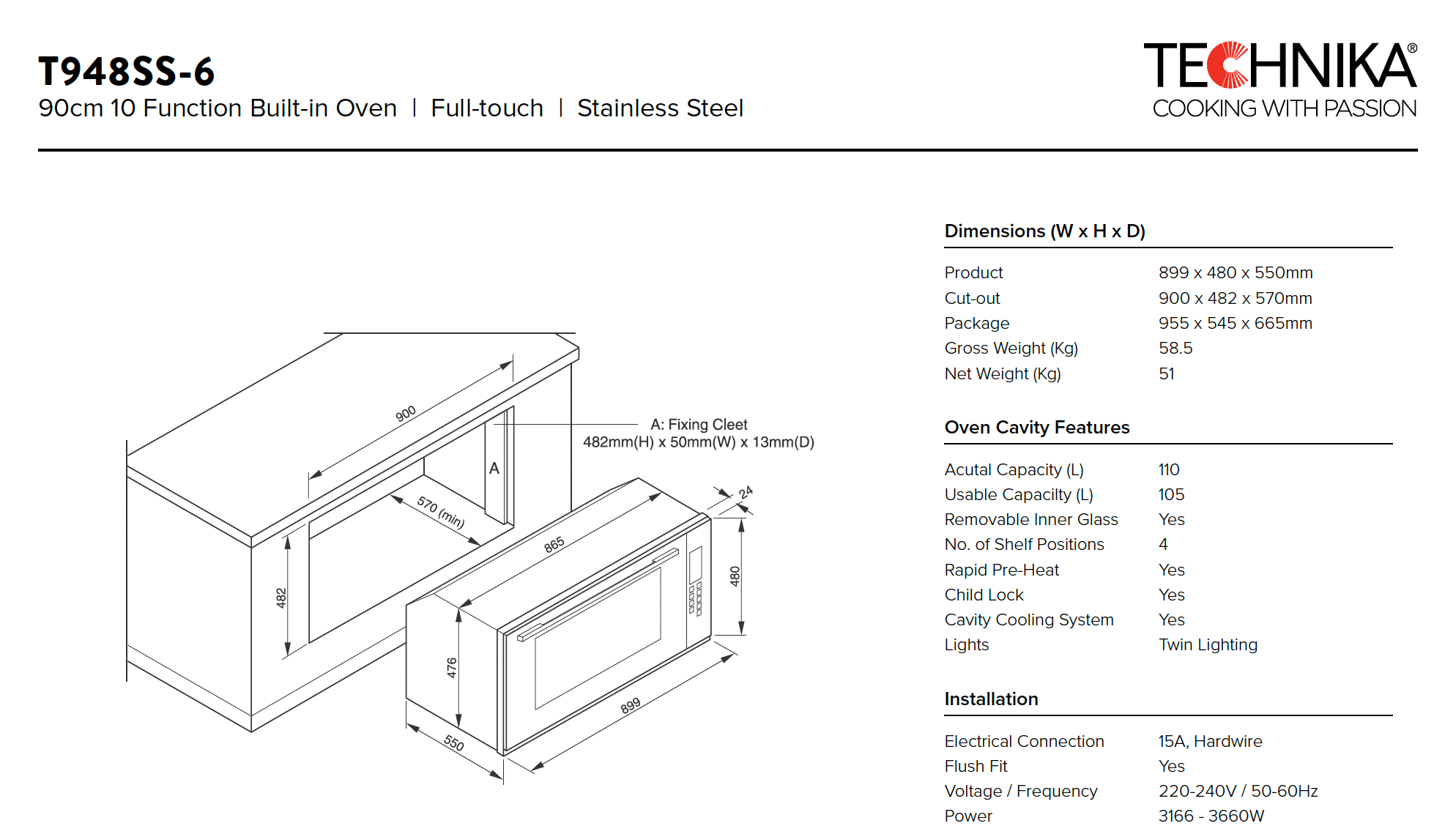 Four électrique encastrable Technika T948SS-6 de 90 cm