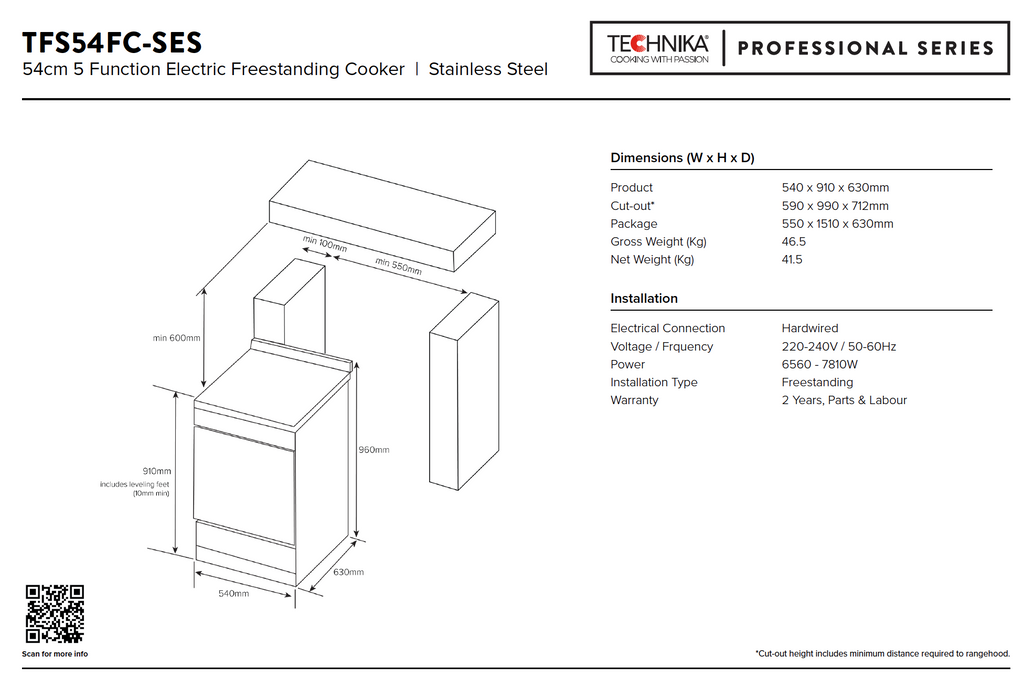 Cuisinière électrique à pose libre Technika TFS54FC-SES 540 mm en acier inoxydable 5 fonctions