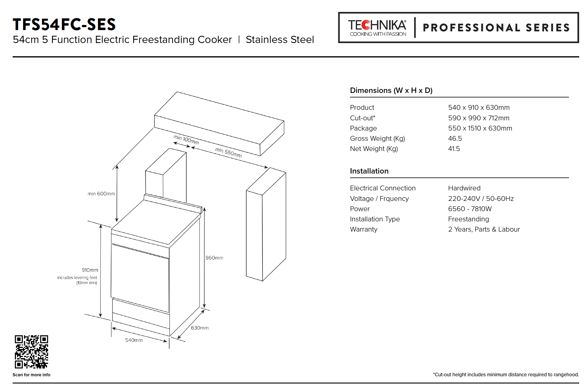 Cuisinière électrique à pose libre Technika TFS54FC-SES 540 mm en acier inoxydable 5 fonctions